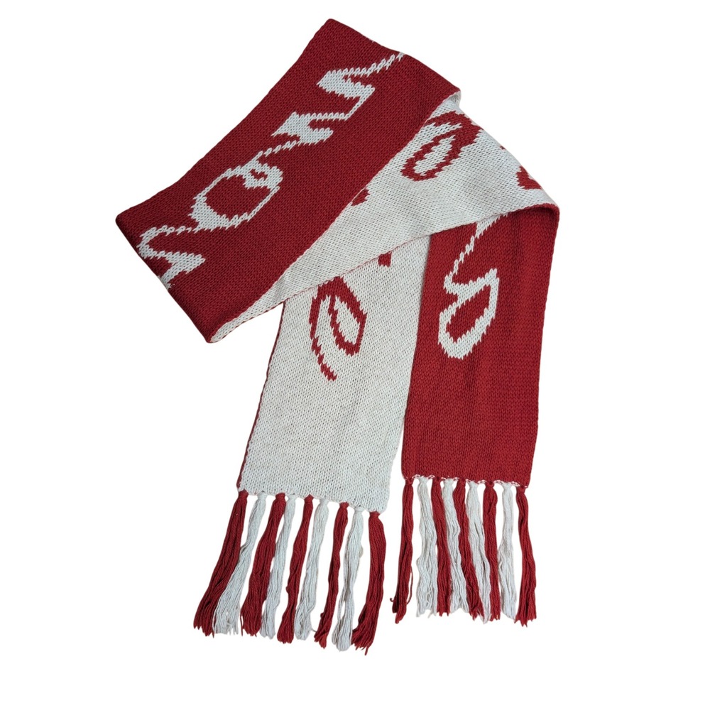 Abercrombie & Fitch Red White Script Logo Knit Fringed Scarf Reversible Angora